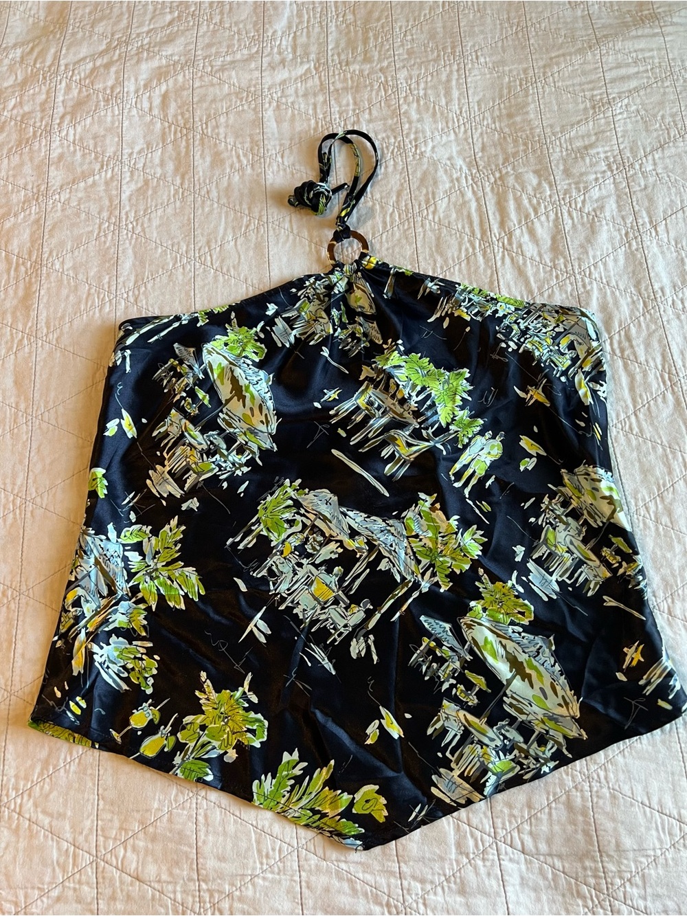VTG Y2K Old Navy Silk-Like Halter Top Tropical Resort Euro Ring Handkerchief Hem